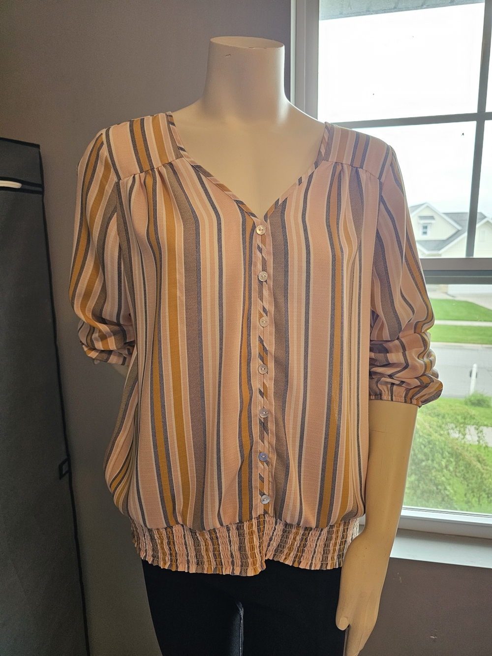 Apt. 9 Striped Button-Down Blouse in Mustard, Pink, Cream, and Gray
